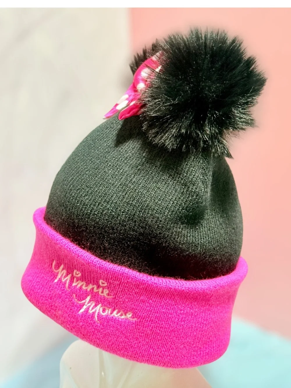 Disney BoxLunch Exclusive Minnie Mouse Beanie Hat Pom Ears Bow Girls Pink Black